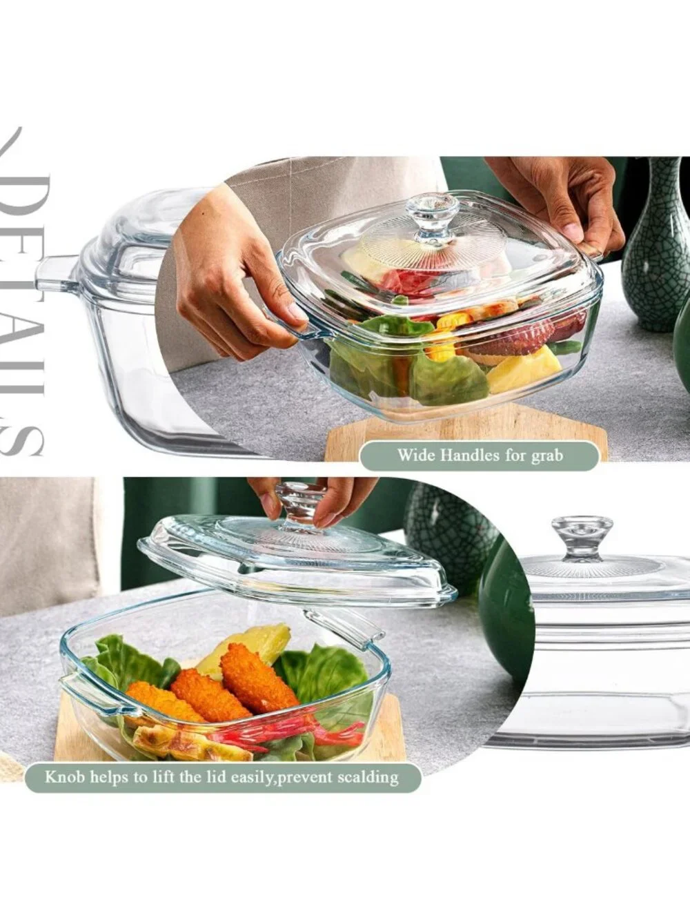 Set of 2 Glass Casserole Dishes with Lids - Square Bakeware, 0.8L & 1.5L